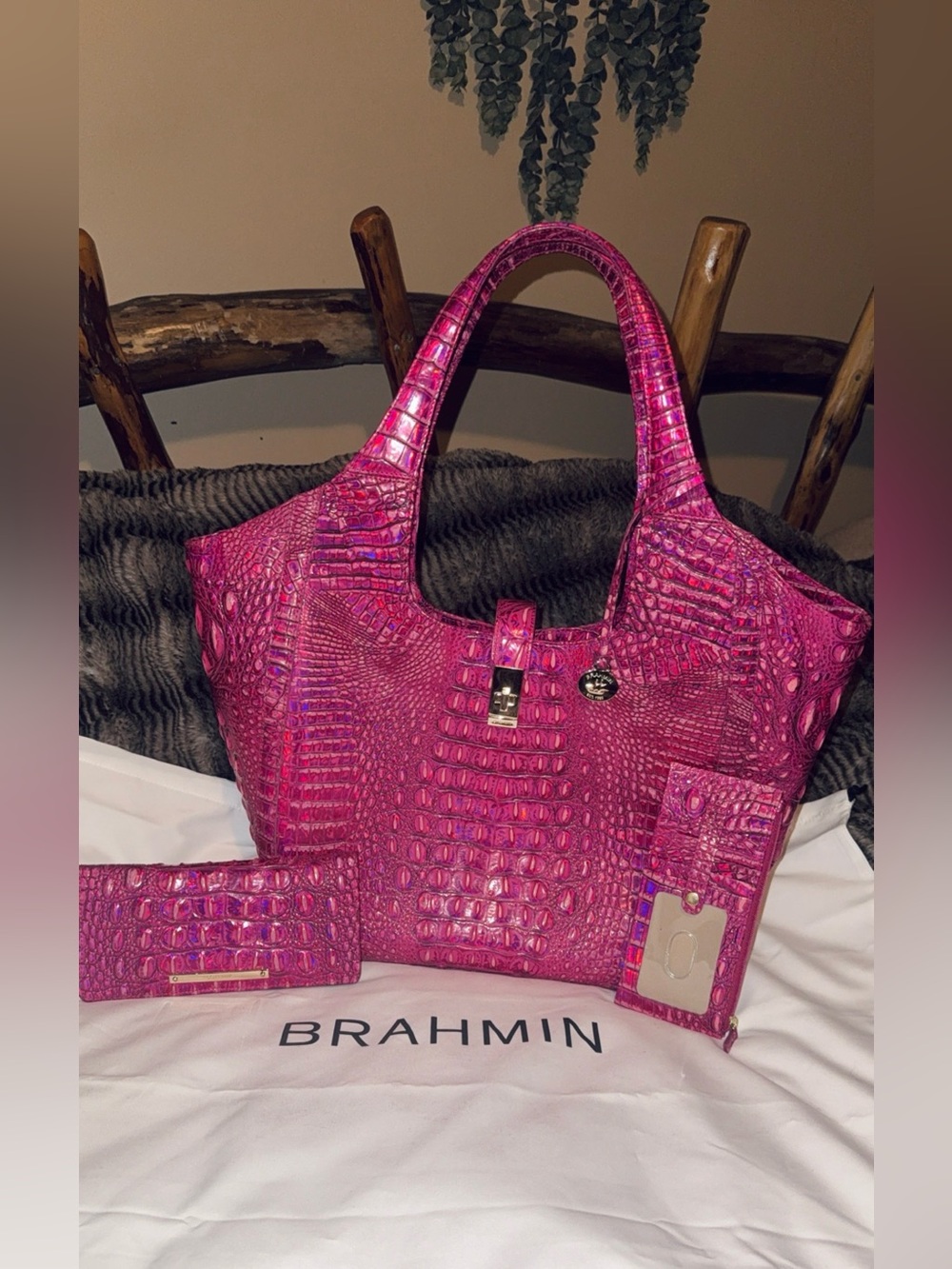 Brahmin Pink Potion Croc Embossed Leather Tote w/Matching Wallet & Card Holder